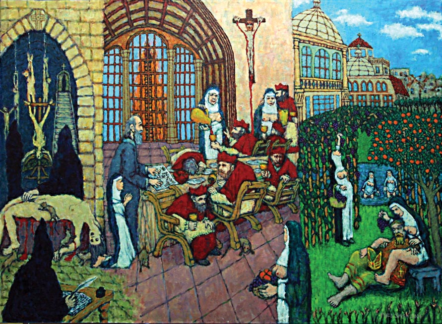 Galileo Triptych Left Church Interview Chamber Center Galileo’s Hearing By 7 Cardinals Right Urban VIII in his Garden 51 12” x 38”
