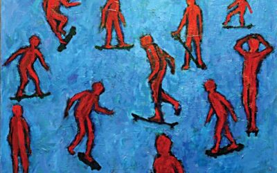 Red Skateboarders Blue Field 38” x 30”
