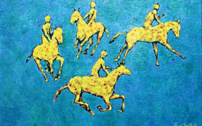 Yellow Riders Blue Field 34” x 24”